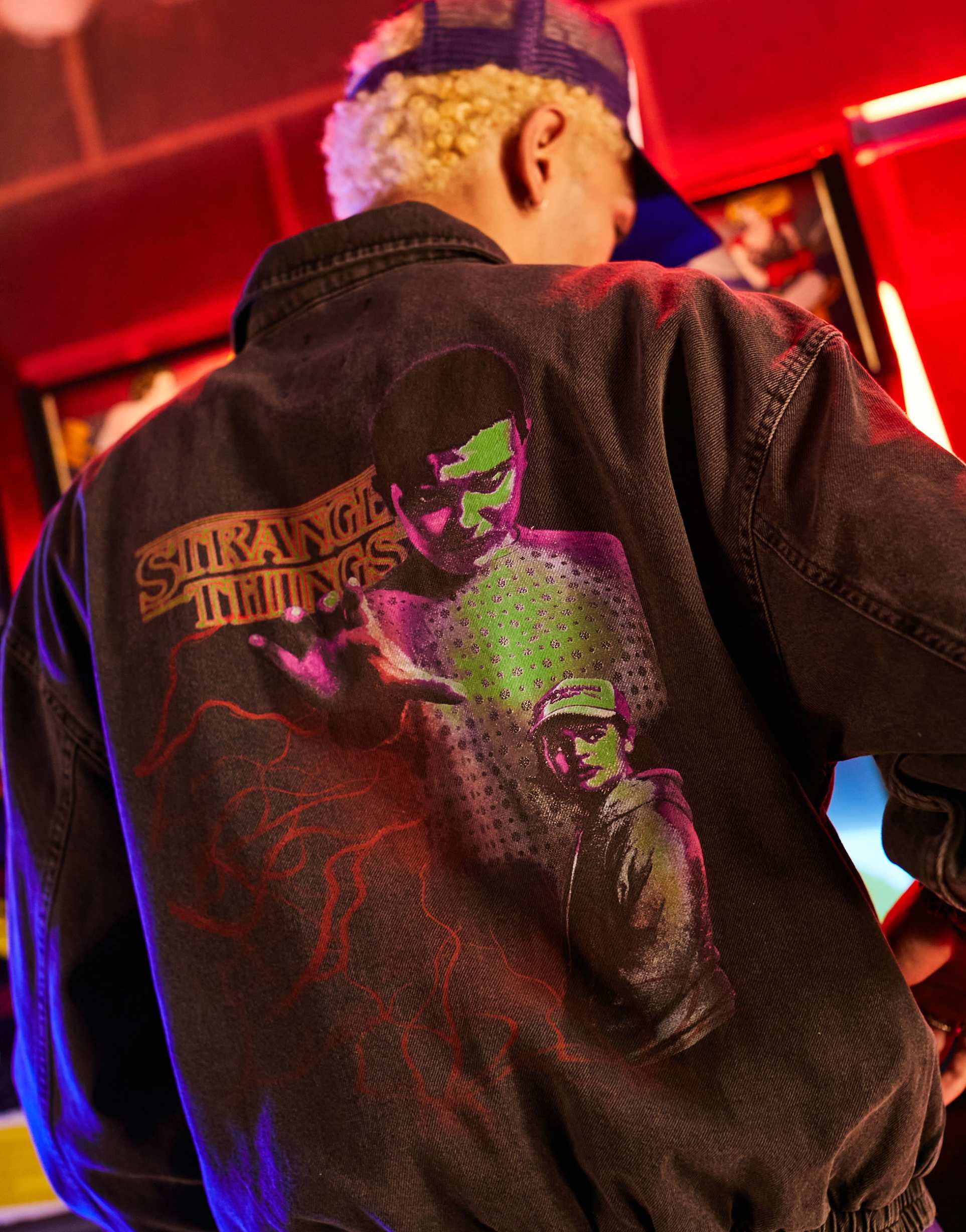 Reclaimed Vintage x Stranger Things unisex jacket with character back print view 3