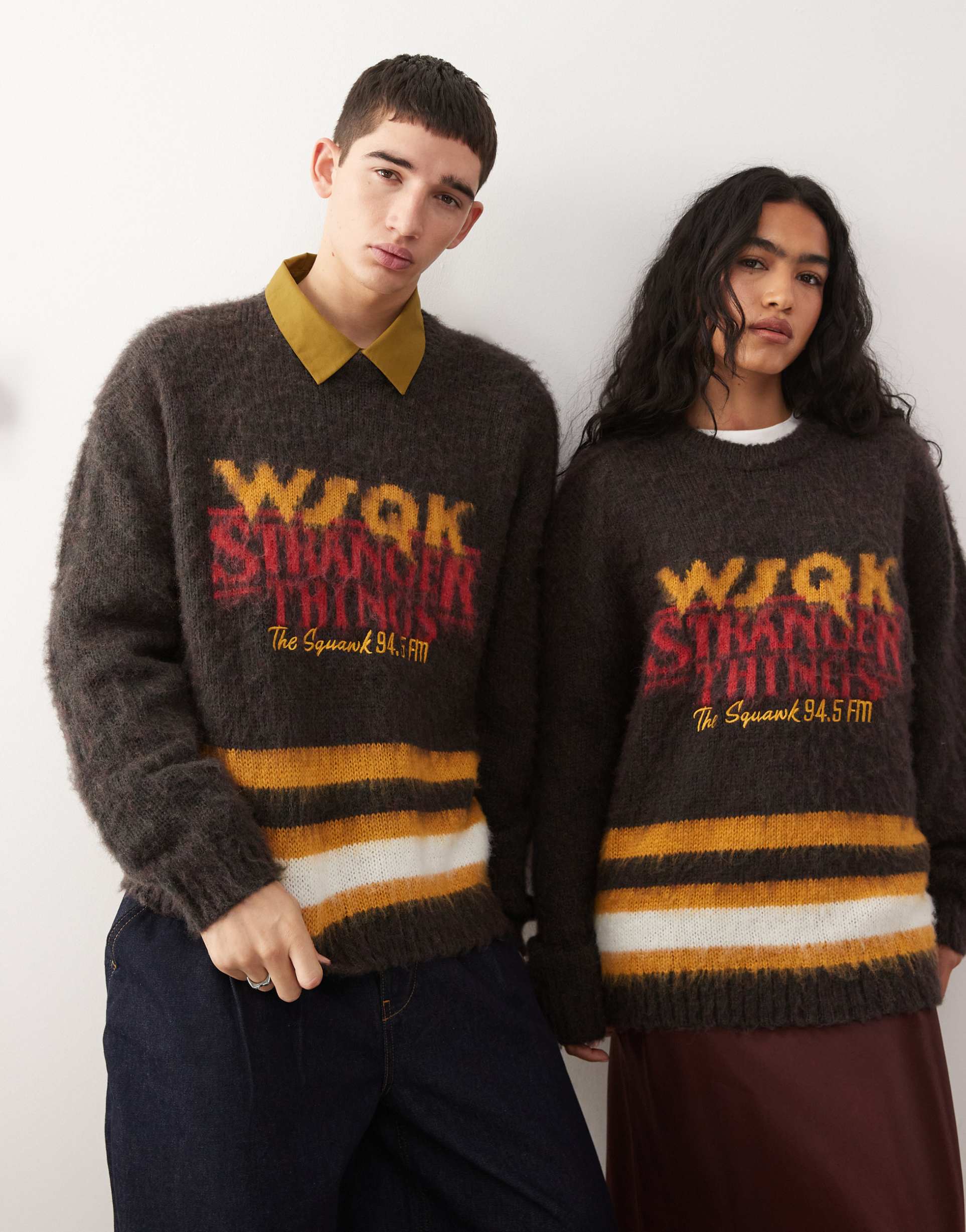 reclaimed vintage x stranger things unisex oversized knit sweater with logo in brown