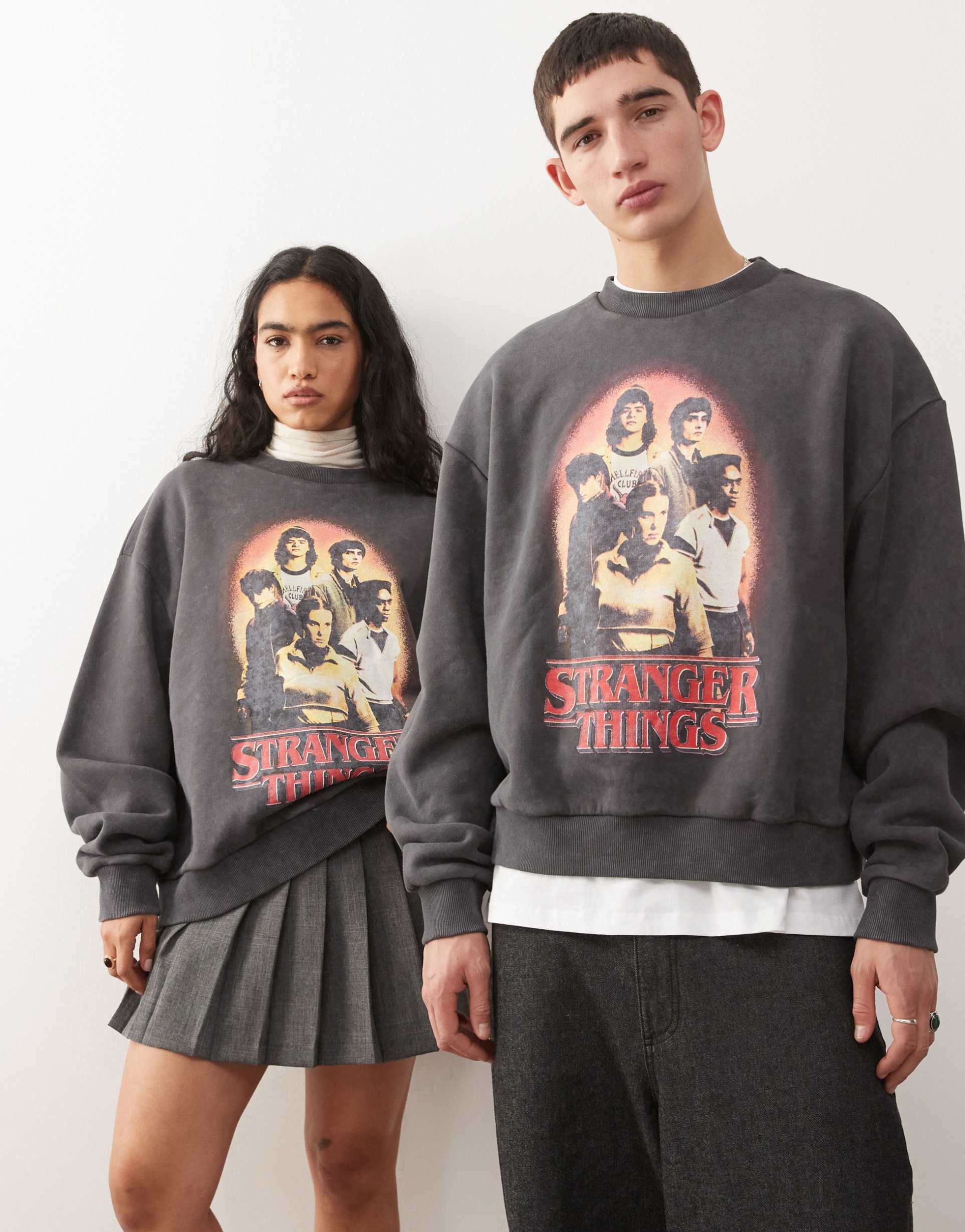 reclaimed vintage x stranger things unisex oversized sweatshirt with print in washed gray