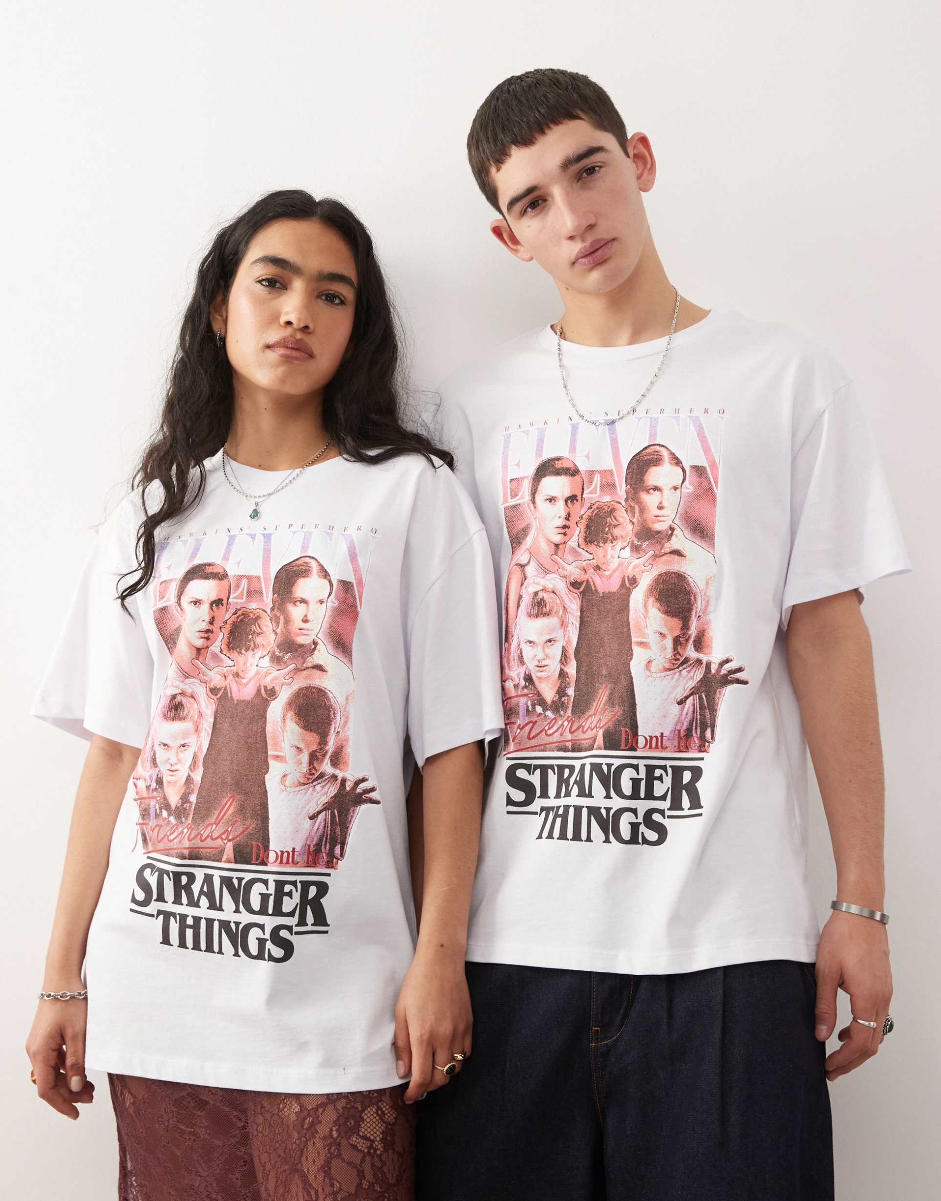 reclaimed vintage x stranger things unisex oversized t-shirt with retro eleven print in white