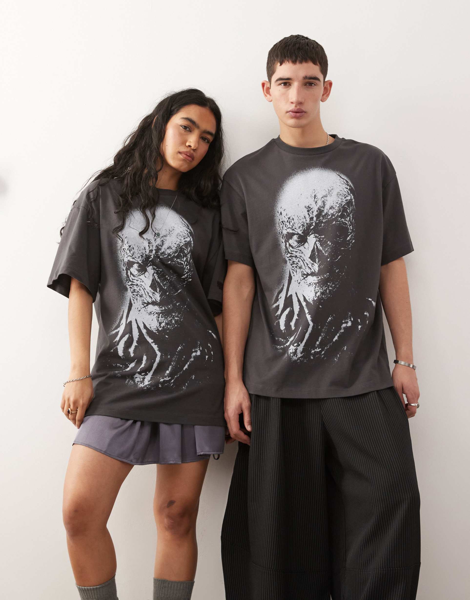 reclaimed vintage x stranger things unisex oversized t-shirt with vecna print in washed charcoal