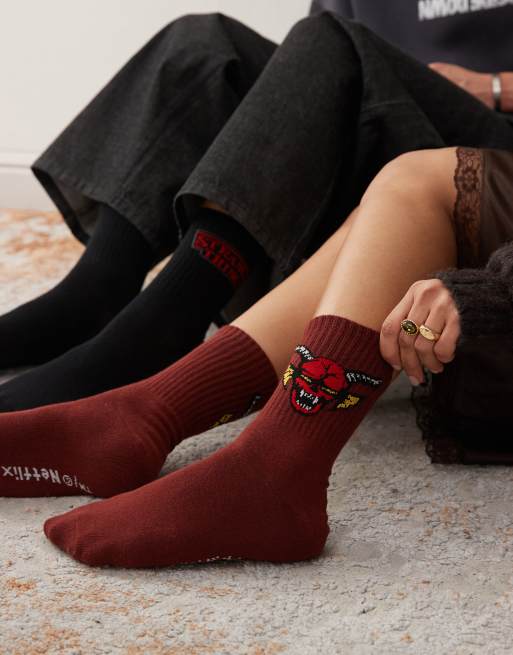 Reclaimed Vintage x Stranger Things Unisex socks 2 pack in gray and washed burgundy