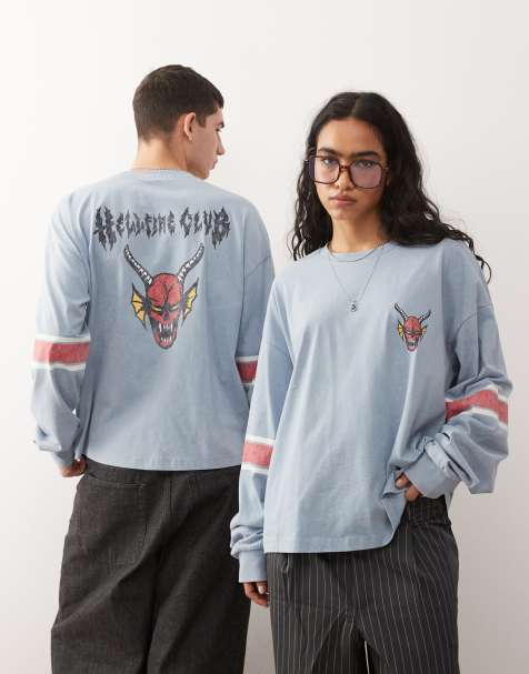 Reclaimed Vintage x Stranger Things Unisex – T-shirt skater w spranym szarym kolorze z długimi rękawami i nadrukiem Hellfire - view 1