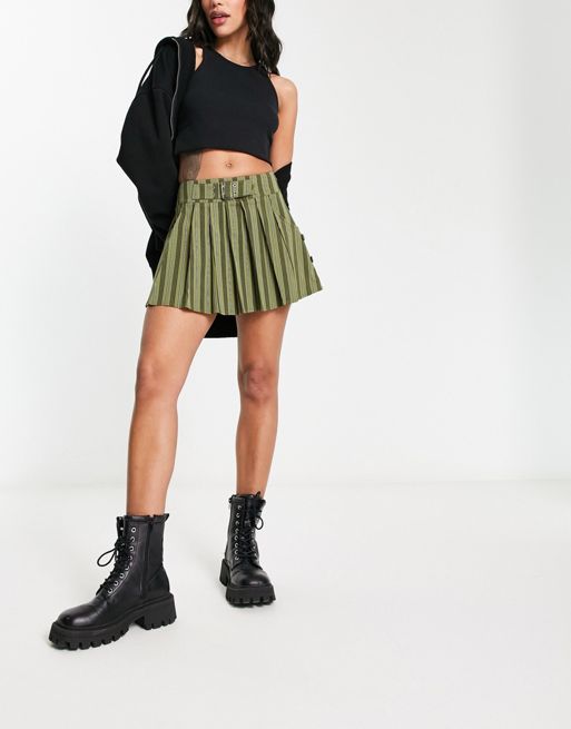 Plus Vintage Wash Belted Denim Pleated Mini Skirt