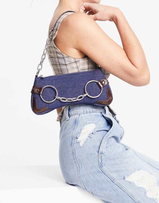 1pc Two-tone Denim Y2k Style Shoulder Bag With Star Decor