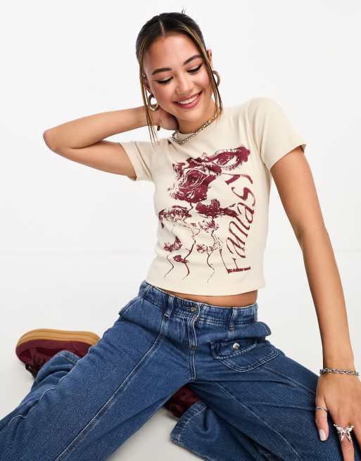 Reclaimed Vintage Y2K rose baby tee in stone