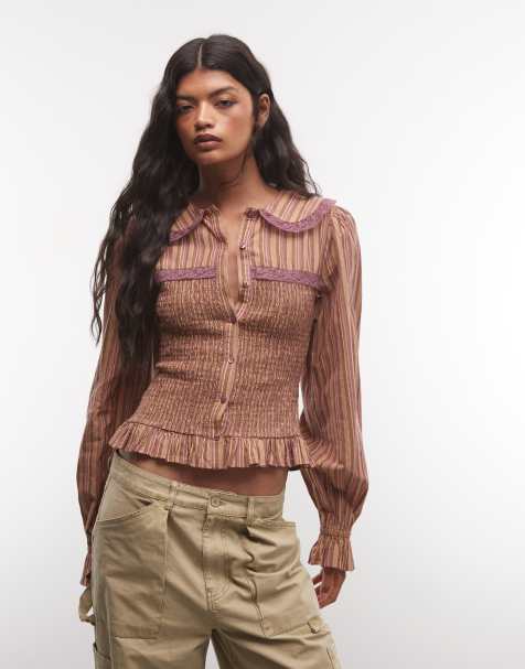 Reclaimed vintage yarn dye stripe shirred shirt - view 1