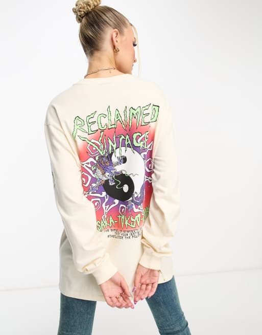 Reclaimed Vintage ying yang long sleeve t-shirt in ecru, 3 of 4
