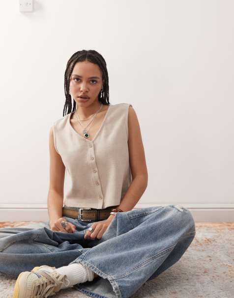 Reclaimed Vintage super soft rib button through waistcoat in beige 