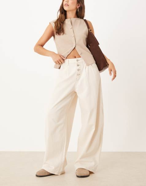 Reclaimed Vintage button through barrel leg trousers in ecru