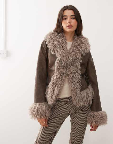 Reclaimed Vintage faux fur trim  leather look short jacket in brown