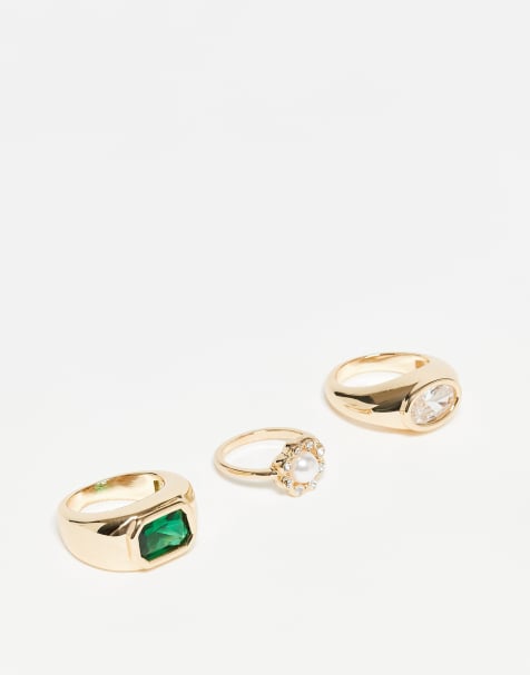 Reclaimed Vintage unisex ring 3 pack with faux green stone in gold
