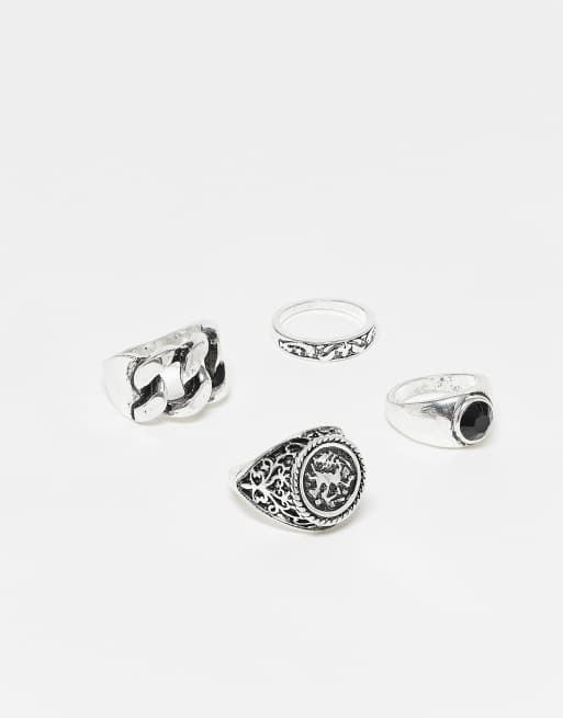 Reclaimed Vintage – Zestaw 4 pierścionków unisex w odcieniu oksydowanego srebra w stylu grunge