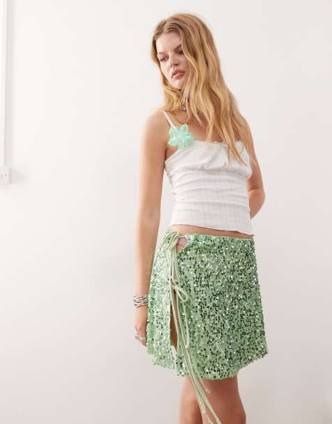 Reclaimed Vintage tie side festival mini skirt in green sequin