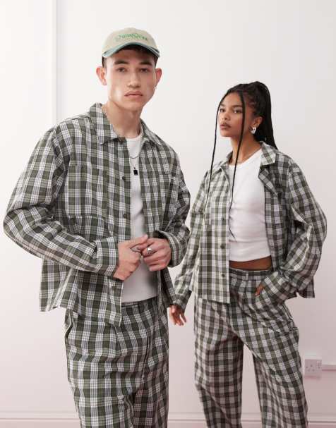 Reclaimed Vintage unisex boxy shirt co-ord with embroidery in green check