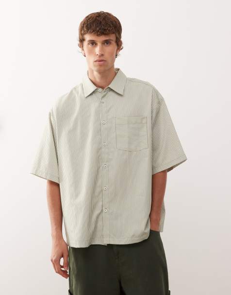 Reclaimed Vintage boxy short sleeve shirt in green pinstripe