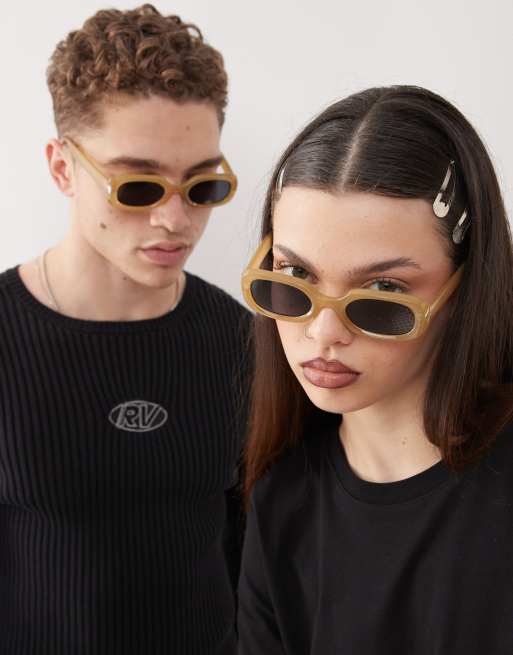 Reclaimed Vintage – Zielone festiwalowe okulary przeciwsłoneczne unisex w kwadratowych wąskich oprawkach