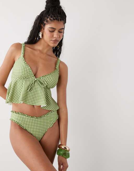 Reclaimed Vintage – Bikini w zielono-białą kratkę vichy z falbanką, 3 z 3