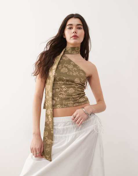 Reclaimed Vintage – Zielony apaszkowy top na jedno ramię w kwiatowy wzór - view 1