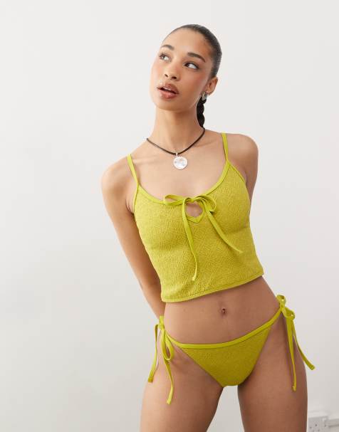 Reclaimed Vintage tie side bikini bottom in green paisley texture