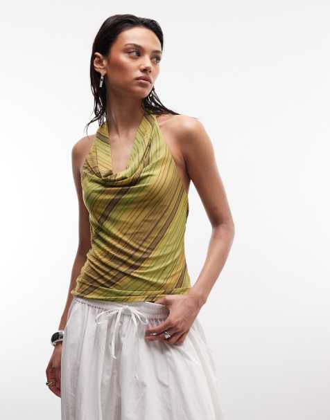 Reclaimed Vintage – Zielony przylegający top z dekoltem typu halter w paski - view 1