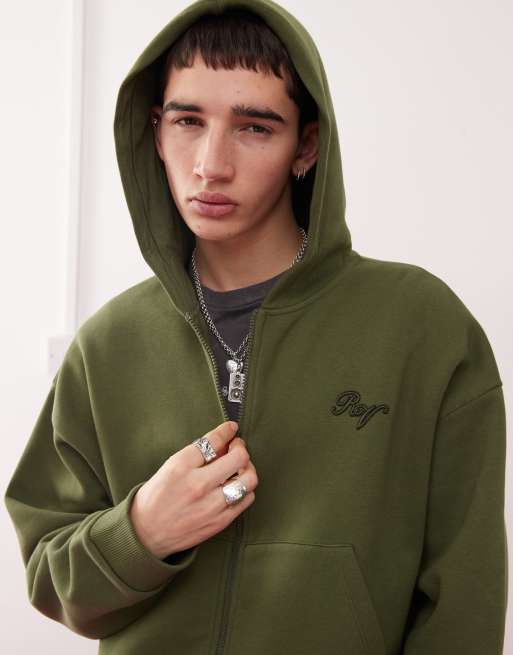 Reclaimed Vintage zip through hoodie with embroidered logo in khaki part of a set