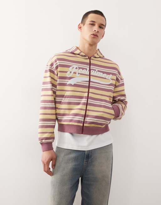 Reclaimed Vintage zip through hoodie with logo in multi stripe 