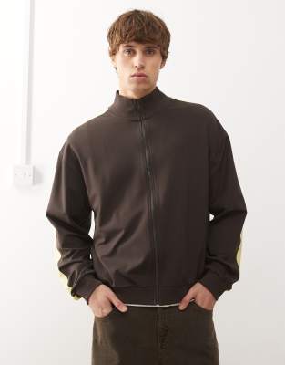 Reclaimed Vintage zip through track jacket with side stripe in brown and yellow