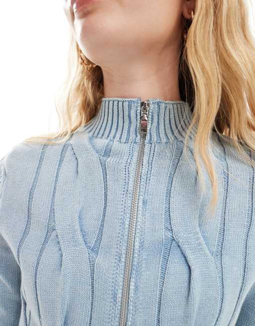 Reclaimed Vintage zip up cable jumper in acid wash blue, 2 of 4