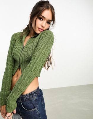 Reclaimed Vintage zip up cropped cable cardi in khaki - ASOS Price Checker