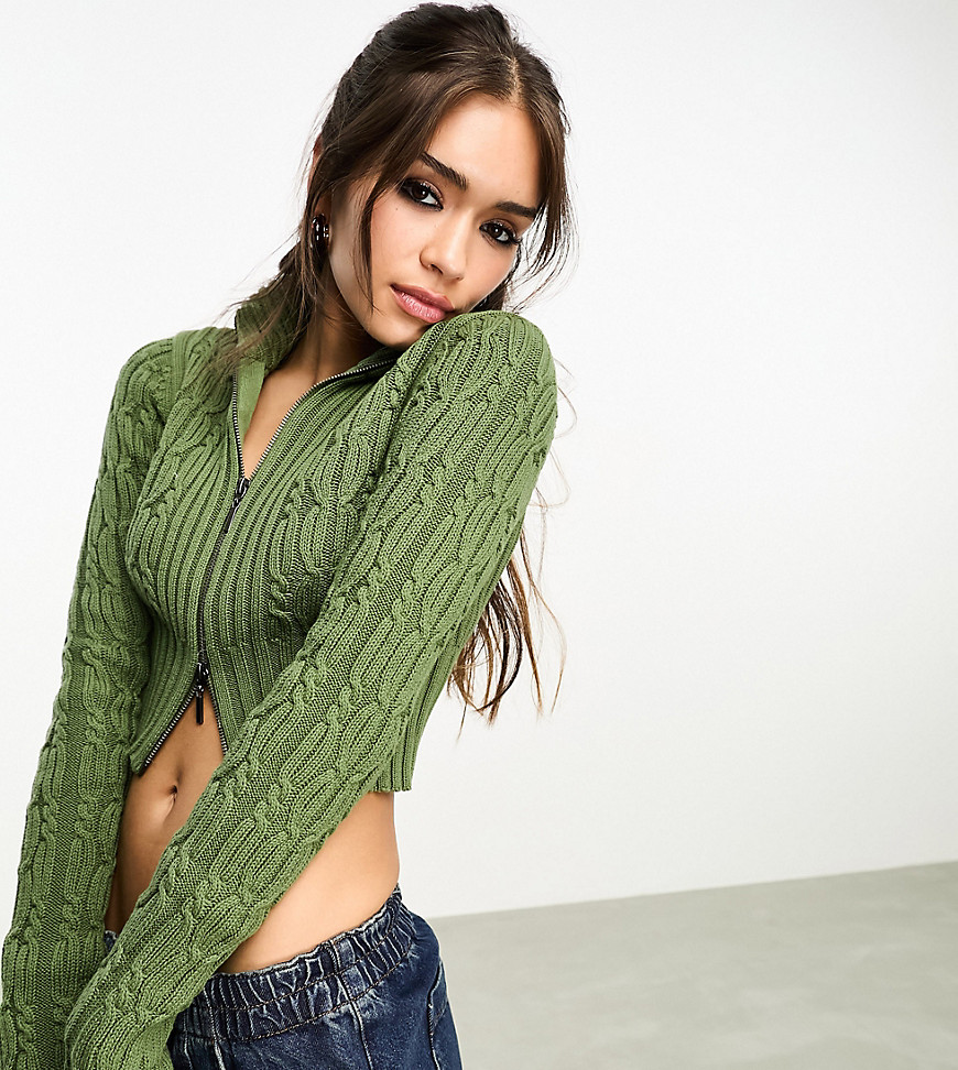 Reclaimed Vintage zip up cropped cable cardi in khaki-Green