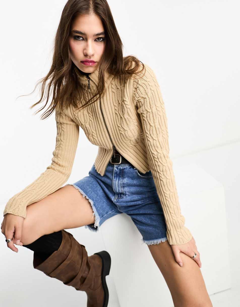 Reclaimed Vintage zip up cropped cable cardi in netural