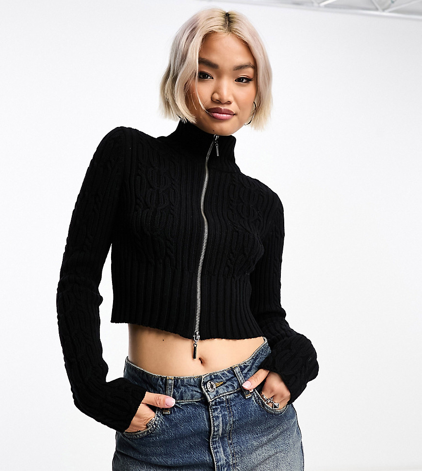 Reclaimed Vintage zip up cropped cable knit jumper in black