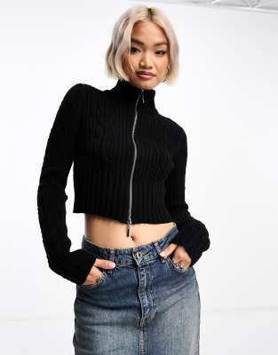 Reclaimed Vintage zip up cropped cable knit sweater in black ASOS