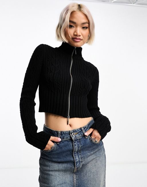 Reclaimed Vintage Zip Up Cropped Cable Knit Sweater in Black