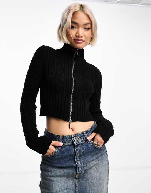 Black Ribbed Cropped Turtleneck Sweater 