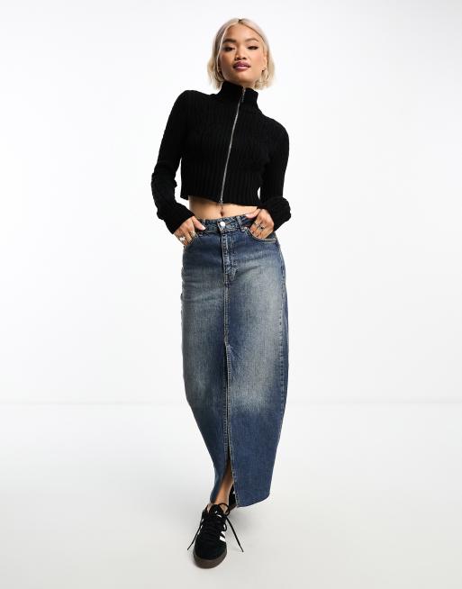 Reclaimed Vintage zip up cropped cable knit sweater in black | ASOS