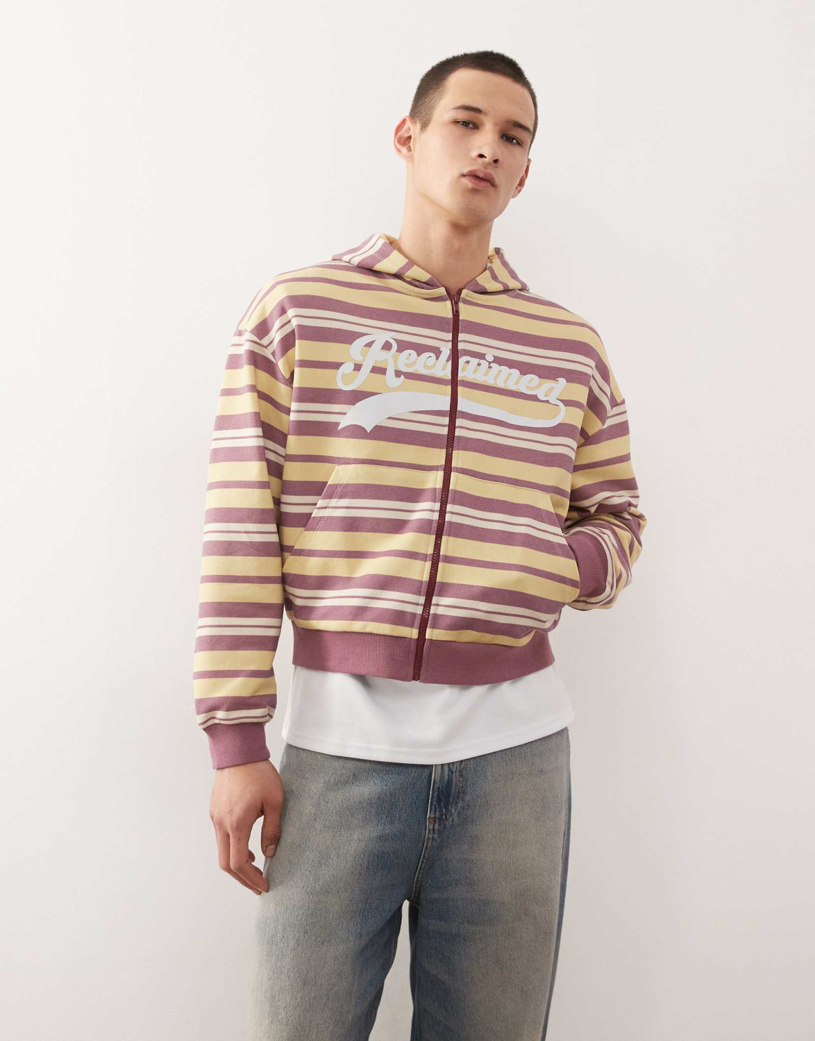 Восстановленная винтажная толстовка на молнии с логотипом в разноцветную полоску 