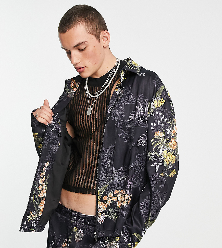 Reclaimed Vintage zip up jacket in dark floral print - part of a set-Multi