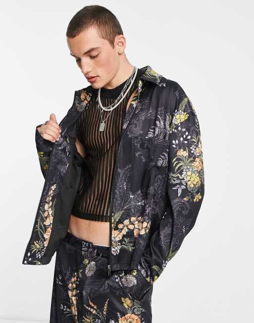 Floral print leather jacket outlet