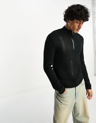 Reclaimed Vintage knitted distressed jumper zip up in black