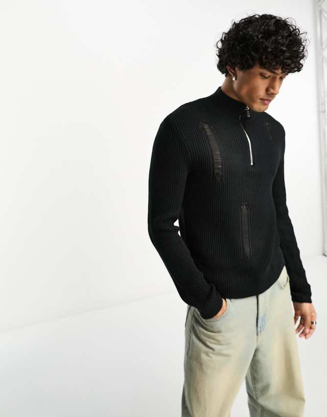 Reclaimed Vintage zip up knitted sweater with distressing in black
