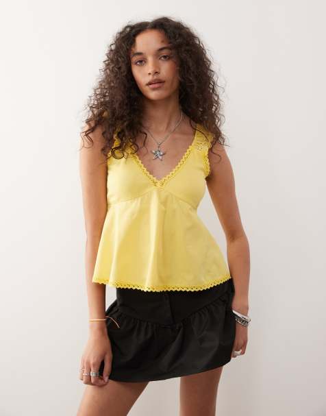 Reclaimed Vintage babydoll poplin cami with broderie and lace trims in yellow