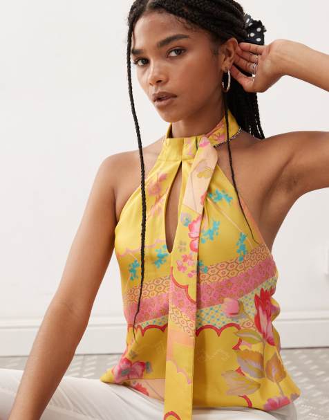 Reclaimed Vintage top with scarf detail in yellow floral print