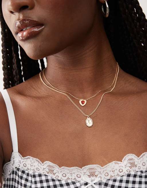 Reclaimed Vintage – Zweireihige Halskette in Gold mit Herz-Anhänger