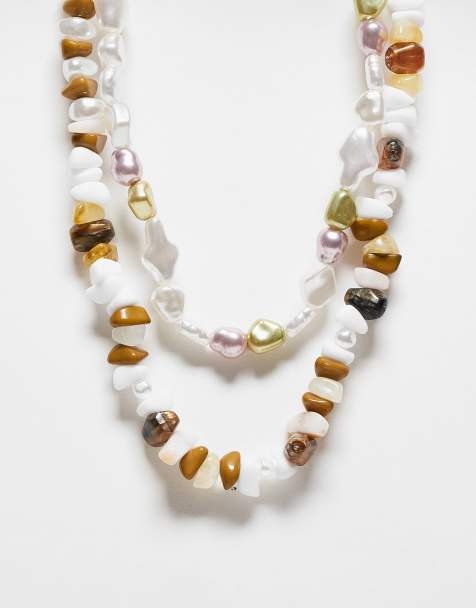 Reclaimed Vintage – Zweireihige Unisex-Perlenkette in Braun und Weiß - view 1