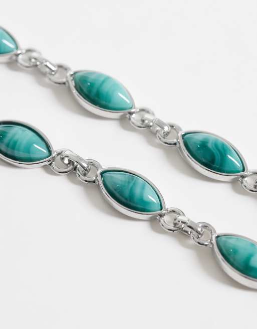 Reclaimed Vintage&nbsp;unisex&nbsp;faux moss agate chain link bracelet in silver, 2 of 3