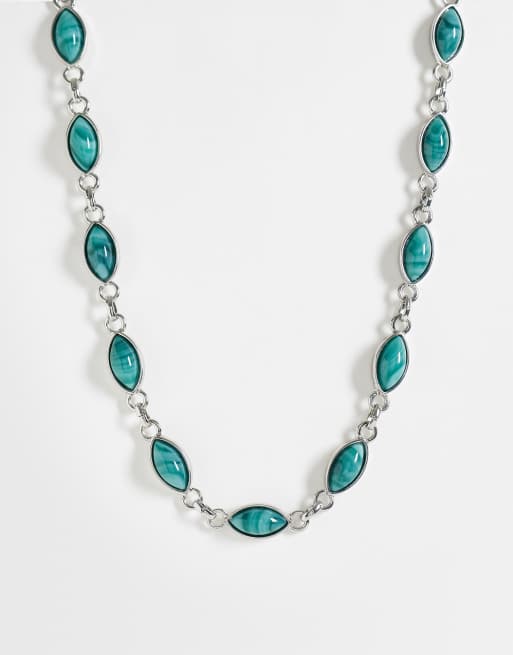 Reclaimed Vintage&nbsp;unisex&nbsp;faux moss agate chain link necklace in silver