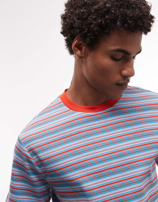 Reclaimed Vintager - T-shirt a maniche corte blu a righe a nido d'ape, 3 di 5
