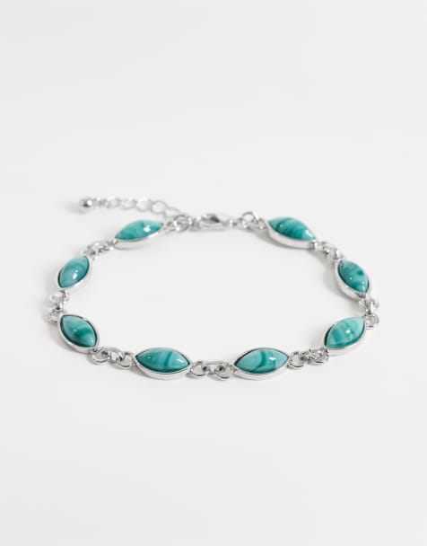 Reclaimed Vintage unisex faux moss agate chain link bracelet in silver - view 1